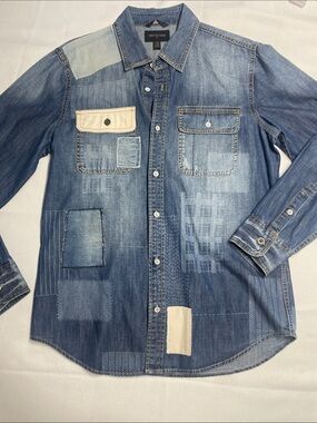 True Religion men's patchwork denim shirt.Size S-slim. Preowned. Cuff button pic